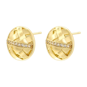 Elegant gold square earrings with woven texture and a row of sparkling clear cubic zirconia