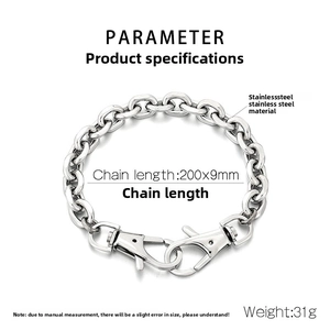 Detailansicht eines 9mm Edelstahl-Gliederkettenarmbands mit Maßen und Spezifikationen
