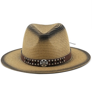 Unisex straw fedora hat with gradient weave and studded leather band for beach sun protection