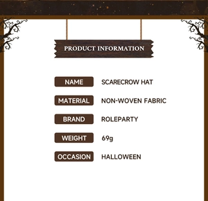 Detailed Halloween scarecrow hat specifications showing non-woven fabric material and weight