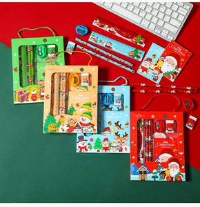 Detailed view of Christmas stationery set with pencil, ruler, eraser and notebook