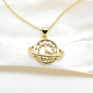 Golden planet clock charm with star ring and inlaid cubic zirconia for jewelry making
