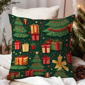 Detail of Christmas tree cushion cover on white fabric with pine cones and festive lights