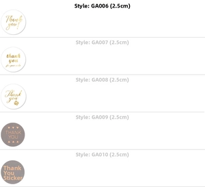 Detailed size guide for 2.5cm floral Thank You labels with five elegant design styles