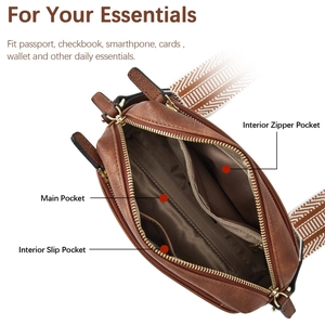 Brown leather crossbody bag with patterned strap showing interior storage and pockets
