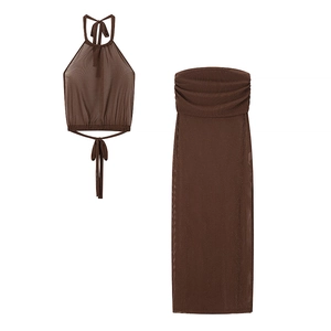 Brown mesh two-piece set with halter crop top and ruched maxi skirt on white background