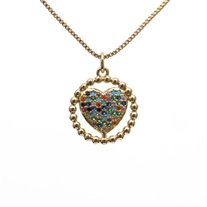 Gold micro-pave zircon heart necklace with colorful evil eye circular pendant detail