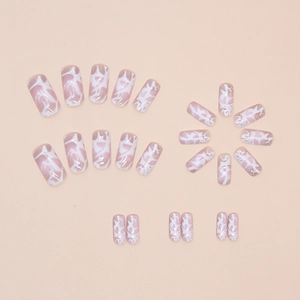 Glossy white marble texture press-on nails in medium square shape for women