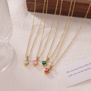 Elegant heart-shaped zircon pendant necklaces in four colors with 18K gold plated chains