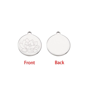 Polished stainless steel lotus flower pendant showing front and back views with connector ring