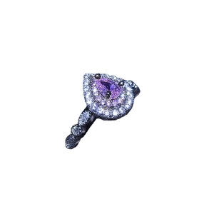 Luxurious pear-cut purple zircon ring with double halo white stones on platinum plated band