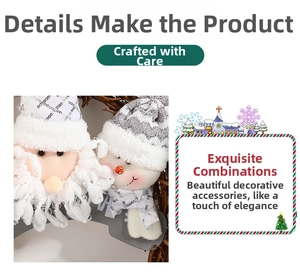 Detailed view of Christmas rattan wreath with Santa and Snowman plush doll figures