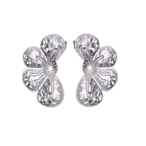Polished silver sunflower steel stud earrings with hammered texture floral design