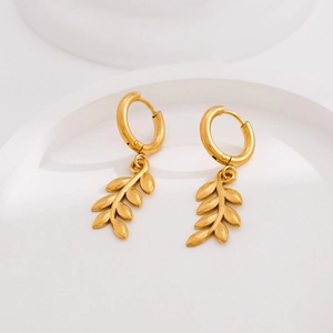 Vintage Stainless Steel Gold Wheat Ear Hoop Earrings For Women Minimalist Plant Leaf Dangle Earrings Electroplated Jewelry