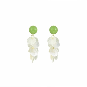 Green bead shell tassel drop earrings in gold setting on a clean white background
