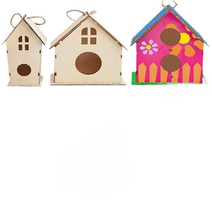 Three DIY wooden birdhouses featuring natural finishes and one colorful painted design