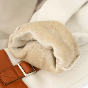 Women's beige suede winter gloves with warm faux fur lining and leather strap detail