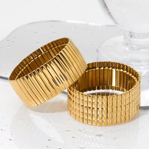 Modern gold-plated stainless steel stretch bangles with stripe and square textures