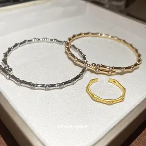 Bamboo Joint Open Bangle And Ring Copper With Zircon Adjustable Minimalist Elegant Light Luxury Fashion Jewelry Women