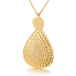 Elegant gold drop pendant necklace with unique hammered texture on long O-link chain