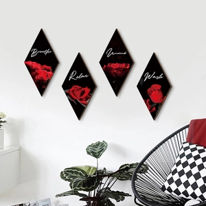 Lot de 4 décorations murales en bois en losange avec roses et textes relaxants