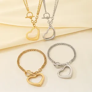 Hollow Heart Pendant Necklace And Bracelet Stainless Steel Toggle Clasp Spliced Chain Fashion Jewelry For Women