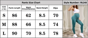 Size chart for seamless maternity yoga leggings with measurements in cm for sizes S to L