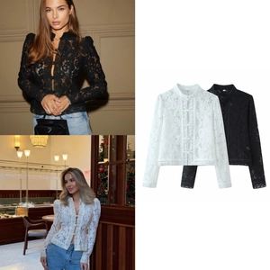 Élégant Chemisier En Dentelle Haut Manches Longues Col Montant Bouton Grenouille Vintage Coupe Ajustée Chemise Fleurie