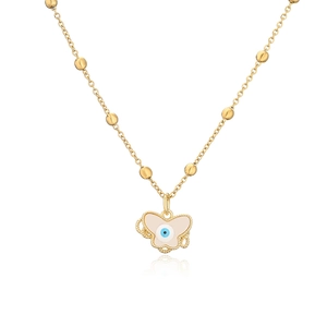 Detail of 18K gold-plated butterfly evil eye pendant on a delicate beaded chain