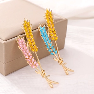 Exquisite wheat ear brooches with rhinestones in yellow, blue, and pink colors