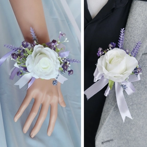 Elegant white rose and purple lavender wrist corsage and boutonniere wedding flower set
