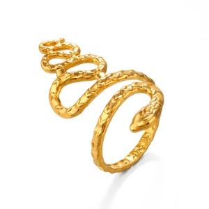 Gold snake-shaped stainless steel wrap ring with textured scales and open adjustable design