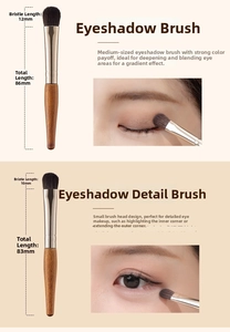 Detail view of mini eyeshadow brushes with wooden handles and precise length dimensions