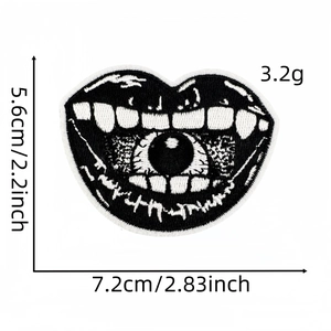 Punk style black and white embroidered eye lip patch with size and weight dimensions