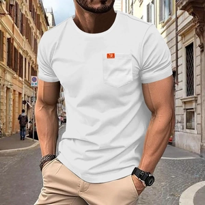 Men's casual white slim fit crew neck T-shirt with a stylish chest pocket detail