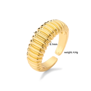 Polished gold brass open ring with textured stripes 8.1mm width and 4.4g weight