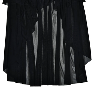 Detail shot of the irregular hem design on this black mesh sleeveless midi dress