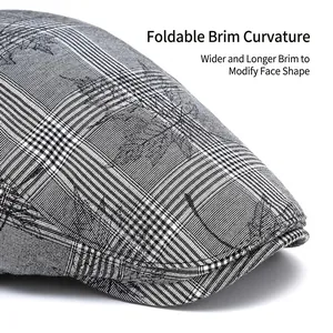 Gray plaid beret cap with foldable brim design and long brim for face contouring