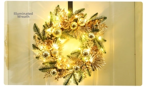 Detail of Christmas wreath with golden ornaments, green pine needles and warm LED lights