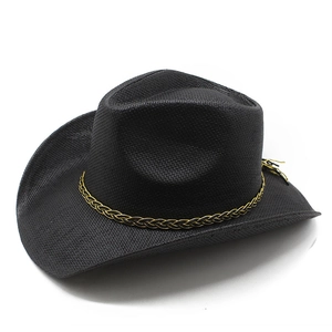 Black western straw cowboy hat with wide brim and gold braided band for sun protection