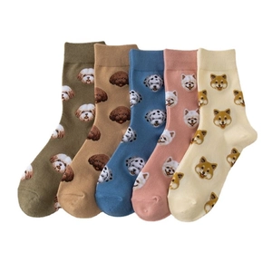 5-pack cute dog cartoon mid-calf socks for women in green, blue, and caramel colors