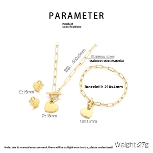 Detailed view of 18K gold plated stainless steel heart necklace and bracelet set specifications