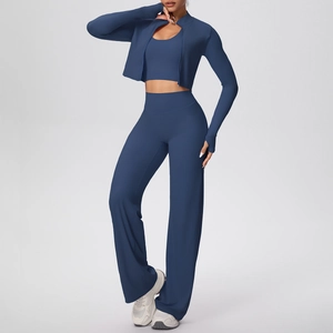 Détails de l'ensemble de yoga 3 pièces bleu marine pour femme avec veste, gilet et pantalon