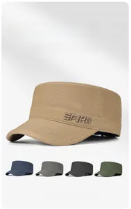 Detailed view of khaki canvas flat top cap with SPIRIT embroidery and color options