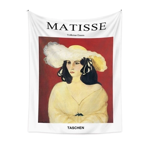 Detail of white Matisse tapestry showing Henri Matisse portrait art and TASCHEN typography