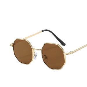 Octagonal geometric sunglasses with golden metal frames and brown tinted lenses