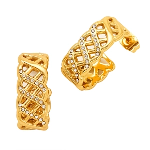 Elegant gold plated C-shaped hoop earrings with hollow woven texture and cubic zirconia