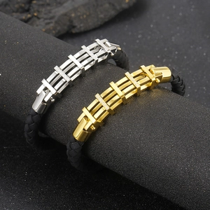 Bracciale punk da uomo in pelle intrecciata con acciaio inossidabile e zirconi bicolore