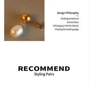 Detail of drop-shaped freshwater pearl earring with gold-toned titanium steel ball