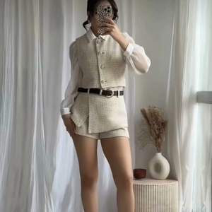 Women Tweed Sleeveless Vest Top And High Waist Shorts With Belt Elegant Off-White Socialite Fashion Outfit